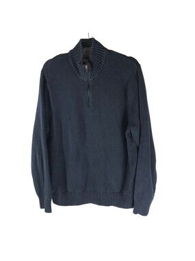 Eddie Bauer Mens L Navy Blue Quarter Zip Sweater Cotton Knit Pullover Mock Neck